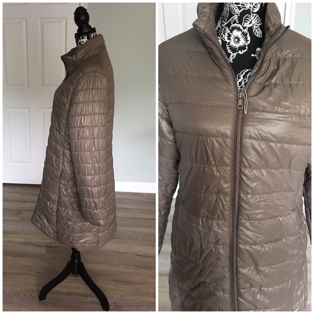 Long Khaki Puffer Coat with Pockets - Picture 3 of 4